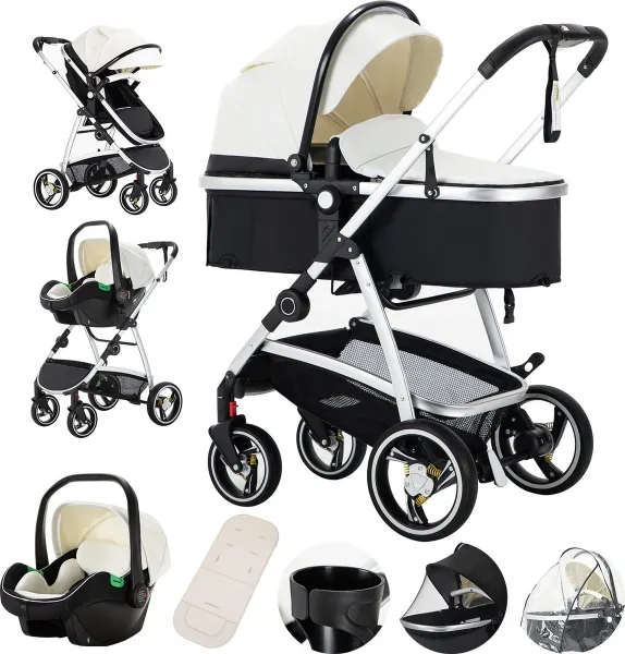 Seastone - Luxe Multifunctionele 3-in-1 Combi Kinderwagen – Leer Kinderwagen – Opklapbare Wandelwagen – Zwart- wit – Incl. Autostoel