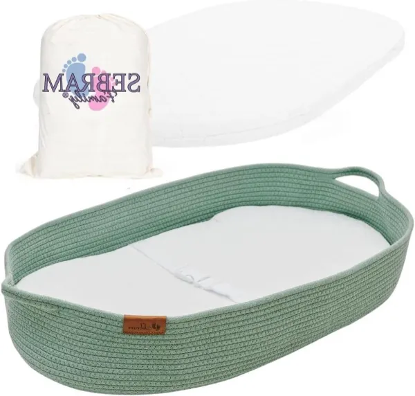 Luxe aankleedmat met extra reismat - schuimstofmatras en waterafstotende overtrek - Moise babymand van katoenen touw (GROEN)