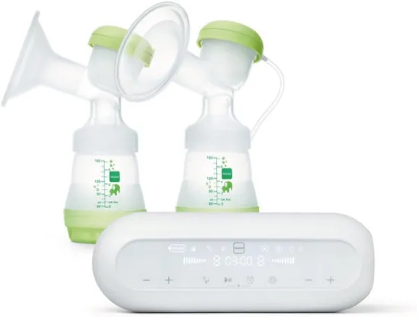 MAM Elektrische en handmatige dubbele melkpomp, 2-in-1, bevat 1 schaal van zachte siliconen, 2 Easy Start anti-koliek flessen van 160 ml met zuignappen maat 1, 2 containers voor melk en levensmiddelen