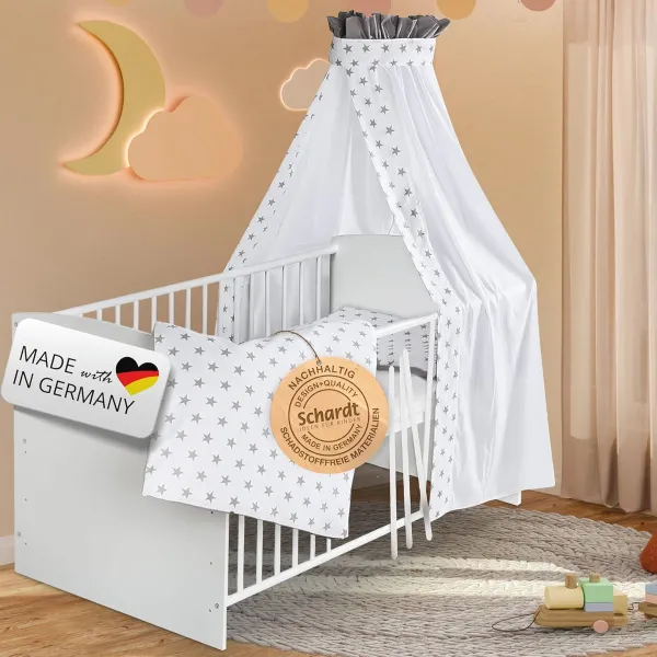 Meegroeiend Babybed 70x140cm - Classic White Big Stars Grey - Compleet met Matras en Textielset - Verstelbaar en Ombouwbaar