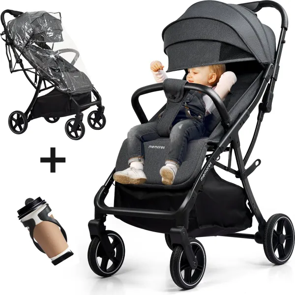 Memores Plooibuggy Grijs- Buggy Inklapbaar Inclusief Regenhoes en Bekerhouder - Peuter - Extra licht & Compact voor Vliegtuig, Auto & OV - Extra Veilig en Wendbaar door Grote Massieve Wielen - Tot 4 j