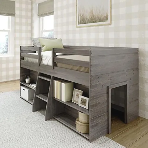 Moderne Boerderij Low Loft Bed met Boekenkasten - Twin Bed Frame voor Kinderen