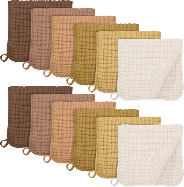 Mousseline Spuugdoeken voor Baby's - 100% Katoen, Extra Zacht en Absorberend, Groot - 12 Stuks, Kleurverloop Bruin
