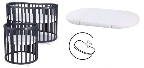 Multifunctioneel Ovaal Babybed 7-in-1 Naturel Hout met Natuurlijk Matras – Transformeerbaar Wiegje, Co-Sleeper, Ledikant, Speelbox, Bankje en Bureau voor Pasgeborenen tot Peuters