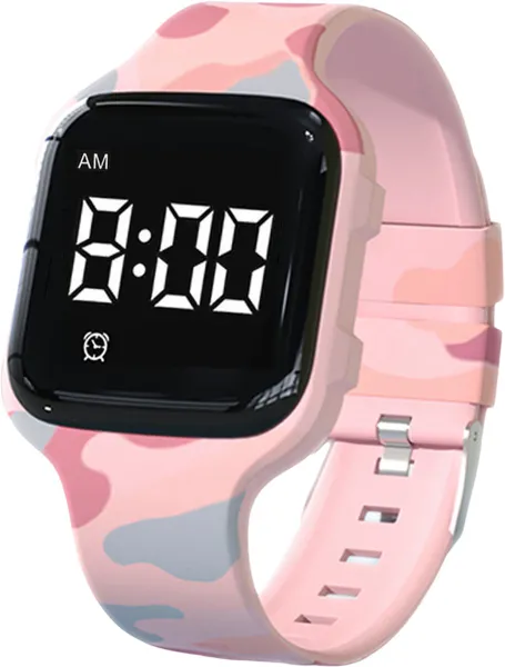 R15 Kinderhorloge – medicijnalarm - plaswekker - herinneringshorloge – 15 alarmmomenten – camouflage roze