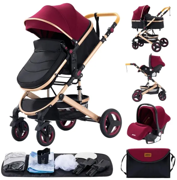 Rustive Luxe Kinderwagen 3 in 1 - Kwalitatieve Buggy - Maxi Cosi - Multifunctioneel - Inklapbaar - Incl. Autostoel - Rood