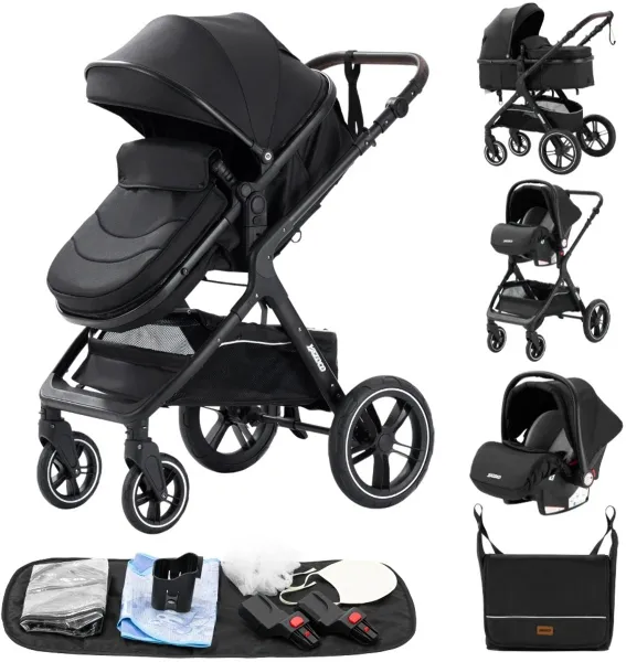 Rustive Luxe Kinderwagen 3 in 1 - Kwalitatieve Buggy - Multifunctioneel - Inklapbaar - Incl. Autostoel - Volledig Zwart