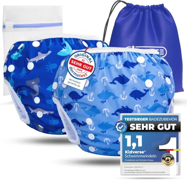 Set van 2 herbruikbare zwemluiers voor baby's, absorberend en huidvriendelijk, maatverstelbare zwemluiers met tas