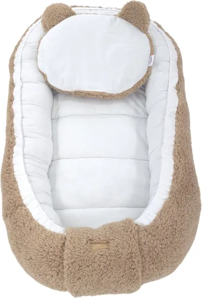 Soosie - Baby Nestje - Babynestje - Zacht en Veilig - Bruin Teddy Katoen en Witte Katoen
