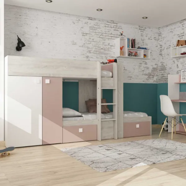 Stapelbed Beau 90x190 cm (lattenbodem onderste bed niet inbegrepen) - roze/wit - Trasman - Kinderbedden met uitvalbeveiliging - Roze - Melamine; Spaanplaat - Kinderbedden met uitvalbeveiliging - Eenpe