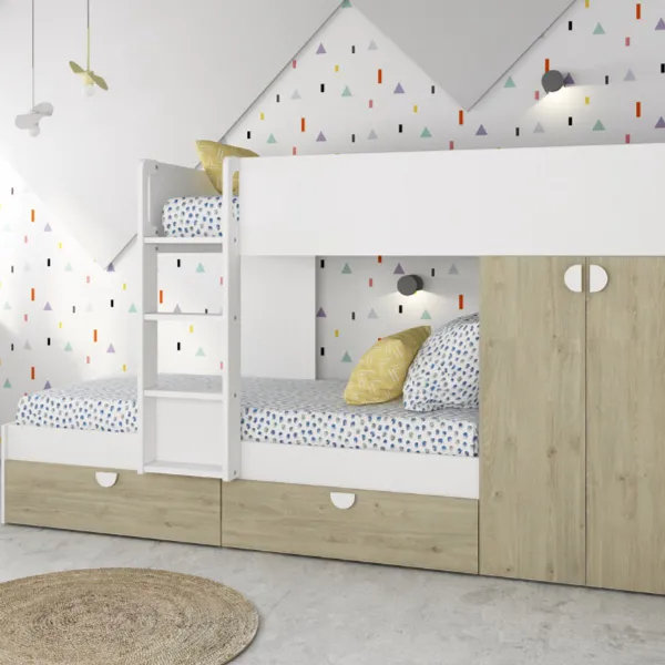 Stapelbed Jip met kast & lades - eik/wit/wit - Trasman - Kinderbedden met uitvalbeveiliging - Wit - Spaanplaat - Kinderbedden met uitvalbeveiliging - Eenpersoons - Stapelbed - Op voorraad