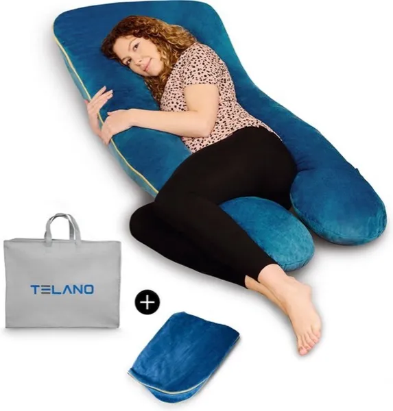 Telano Zwangerschapskussen XXL - Extra Hoes en Opbergtas - Exclusieve Gouden Rits - Velvet Stof - Voedingskussen - U vorm - Extra groot - Zijslaapkussen - Blauw
