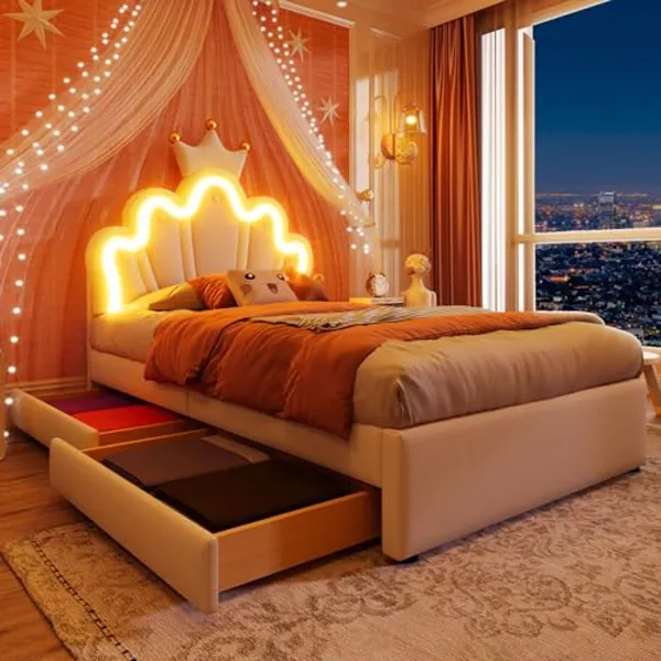 Verstelbaar Kinderbed 90 x 200 cm met Opbergladen en LED Lampen - Wit