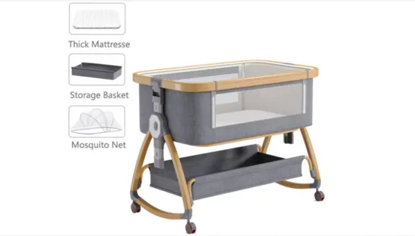 WNHB® Babybed Co-Sleeper – Verstelbare Wieg & Ledikant met Wielen, Klamboe & Opbergruimte – Opvouwbaar – Grijs/Goud