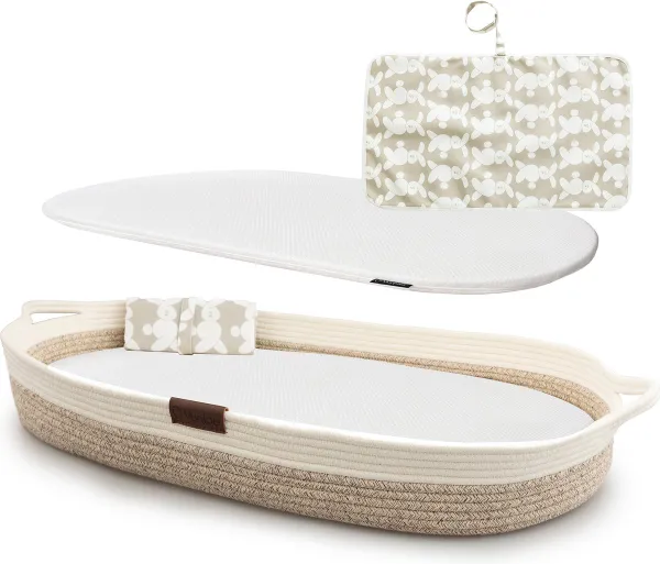 Yunioo® Aankleedkussen │Verschoonkussen │ XL baby verschoonmand 80cm │ Mozesmand incl. Matras met Waterafstotende Hoes en Verschoonmatje │ Wit-Beige