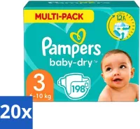 20 x Pampers - Baby-Dry - Luiers - Maat 3 (6-10 kg) - 198 Luiers - Luiermaat 6-10 Kg - Luierbescherming - Babycomfort - Luierabsorptie - Dermatologisch Getest