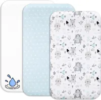 2x hoeslakens 90x55 cm 100% katoen + 1x matrasbeschermer 100% waterdicht materiaal - set 3x 90x55 - compatibel Kinderkraft Neste Up (blauwe dieren, 55 x 90 cm)