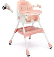 3 in 1 Kinder Eetstoel – Baby Eetstoel – Kinderstoel Baby – Voor aan Tafel – Met Wielen – Met Eetblad – Stevig Design – Roze