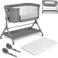 3 in 1 Vrijstaand Kinderbed tot 9kg met Uitschuifbed en Wieg - Hoogteverstelling, Afneembare Zijkant, Wielen met Rem, Grote Mand