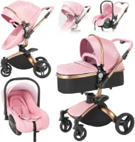 3-in-1 babywagen van PU-leer met verstelbare zitting en 360 graden draaibaar ontwerp - Opvouwbaar en multifunctioneel
