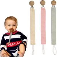 3 stuks stoffen fopspeenketting van katoen met houten clip en bijtring - voor jongens en meisjes - roze beige groen - mamfopspeen
