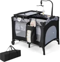 4-in-1 Reiswieg Baby, Opvouwbaar & Draagbaar Babybed met Wielen & Matras & Verschoonmat & Muziekdoos, 102 x 72 cm Zijwieg Baby 0-36 Maanden (Grijs)