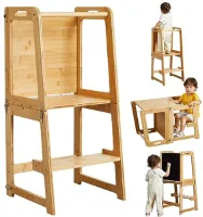 4-in-1 Staande Toren voor Peuters en Kinderen - Leren Keuken Helperkruk met Schoolbord en Bureautafel