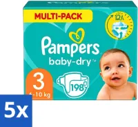 5 x Pampers - Baby-Dry - Luiers - Maat 3 (6-10 kg) - 198 Luiers - Luiermaat 6-10 Kg - Luierbescherming - Babycomfort - Luierabsorptie - Dermatologisch Getest