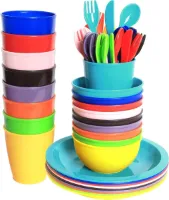 54 Stukken Servies voor Kinderen - Herbruikbaar Plastic - Regenboog Kleuren .
