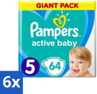 6 x Pampers - Active Baby - Luiers - Maat 5 (11-16 kg) - Zachte Pasvorm - 64 Luiers - Pampers Active Baby - Luiers Maat 5 - Babyluiers - Zachte Pasvorm - Luchtdoorlatende Luiers