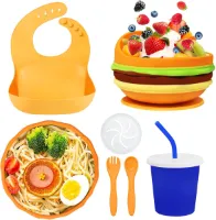 7-delige siliconen babyserviesset, siliconen kinderservies, babybord, antislip kinderbord met zuignap, bord, slabbetje, kom, lepel, vork, babydrinkbeker, BPA-vrij