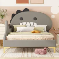 90 x 200 cm kinderbed, cartoon dinosaurusvorm, plat bed, PU-materiaal, grijs