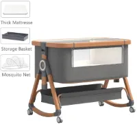 Baby Bed - Co Sleeper - Wieg - Opbergruimte - Kinderbed - Met Matras - Klamboe - Hoogte Verstelbaar - Met Wielen - Inklapbaar - Opvouwbaar - Hout - Bruin - Donkergrijs
