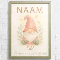 Baby / Geboorte poster - Kabouter - Gepersonaliseerd met naam en geboorte gegevens - 43 x 61 cm - Baby posters