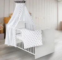 Baby compleet bed 70x140cm - Classic White Big Stars Grey - meegroeiledikant van massief hout - 3-delig incl. matras-hemelstang-textielset - in hoogte verstelbaar-ombouwbaar - Co Sleeper