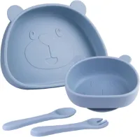 Babybord, kinderbord met zuignap, antislip, kinderplacemat, siliconen babybord met lepel, vork, BPA-vrij, babyservies, vaatwasser- en magnetronbestendig, 4 stuks