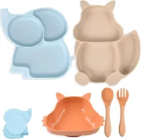 Babybord van siliconen x 2 - kom met zuignappen - bestek van hout - spatwaterdicht - kinderbord - babycompartimenten - 3 stuks