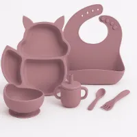 Babygiftset© – Siliconen babyservies set – Eekhoorn Oud Roze – Kinderservies set – Kinderbord – Kom – Met Zuignap – Kinderbestek – Babybestek – Slabbetjes – Drinkbeker – Snack cup – Kraamcadeau meisje