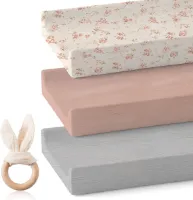 Babymatrasbeschermer, hoeslaken, 3 stuks, katoen, ademend basinet hoeslaken, matrashoes, hoeslakens, 80 x 40 cm, voor kinderwagen, kinderbed (roze)