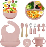 Babyvoeding set van 11 stuks siliconen - zuignap kom lepel vork slabbetje - roze.