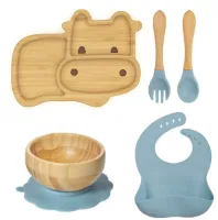Bamboe Baby Servies Set Koe – 5-delig Kinderservies met Blauwe Siliconen Zuignappen – Bord, Kom, Lepel, Vork & Slab – BPA-vrij, Duurzaam en Veilig - Anti-slip - Eetset voor Baby’s en Peuters