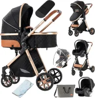 Bealive® Luxe kinderwagen - Opvouwbaar en compact - Met opslag ruimte - Afneembare reiswieg en kinder stoel zitje - Verstelbaar zonnen scherm - Inclusief regen hoes, muggen net, koel matje en luier ta