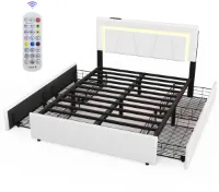 Bed Met Opbergruimte – Opbergbed – Led Verlicht Bed – Slaapbank Met Lades – Bedframe Met USB – Inclusief RGB LED Verlichting – Hoofdeinde Met Stopcontacten - 160×200cm - Wit