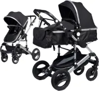 Bronea EXQUISE Luxe multi-functionele kinderwagen 3 in 1 | Zwart / Silver | Incl. MATRAS, Buggy, Autostoel, Luiertas, Regenhoes, Voetenwarmer, Muggen net & Zonneklep