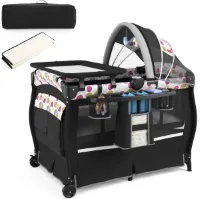 COSTWAY 5-in-1 reisbed met matras, bijzetbed inklapbaar met verstelbare luifel, babybed met aankleedkussen, muziekdoos en draagtas, kinderreisbed tot 15 kg belastbaar (cirkel)