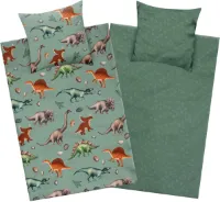 Dinosaurus flanellen beddengoed, 135 x 200 cm, katoen, ritssluiting, omkeerbaar kinderbeddengoed, dino-motief, warm, zacht en behaaglijk, groen