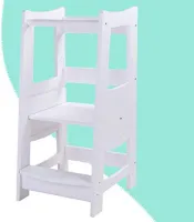 EGREE Peuters keuken opstapkruk met veiligheidsrail kinderen houten leertoren voor aanrecht en badkamer gootsteen, 3 hoogtes verstelbare opstapkruk maandhelper, massief houten constructie, wit