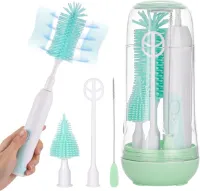 Elektrische Flessenborstel 5-in-1 voor Babyflessen - Reinigen Fopspenen Rietjes - Draagbare Opbergtas - Groen