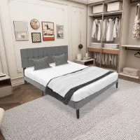 Gestoffeerd Bed – Linnen Bed – Bedframe – Slaapbed – Bed Met Hoofdbord – Lichtgrijs Linnen Bekleding – Stevige Houten Constructie – Stil En Comfortabel