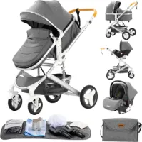 GoobiSales Luxe 3-in-1 Kinderwagen - Draagbaar, Opvouwbaar, met Vering - Aluminium Frame - Inclusief Autostoel - Kwalitatieve Buggy voor Pasgeboren Baby - Luxe Multifunctionele Combi Kinderwagen - Gri